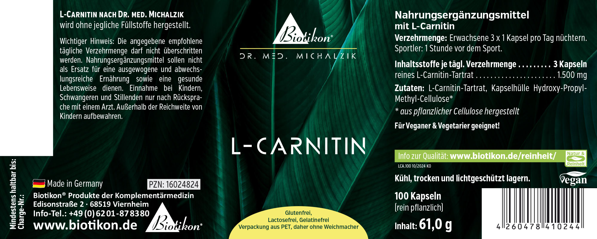 L-Carnitin Nahrungsergänzungsmittel in Kapsel-Form, 100 Kapseln, grüne Verpackung, seitliche Sicht