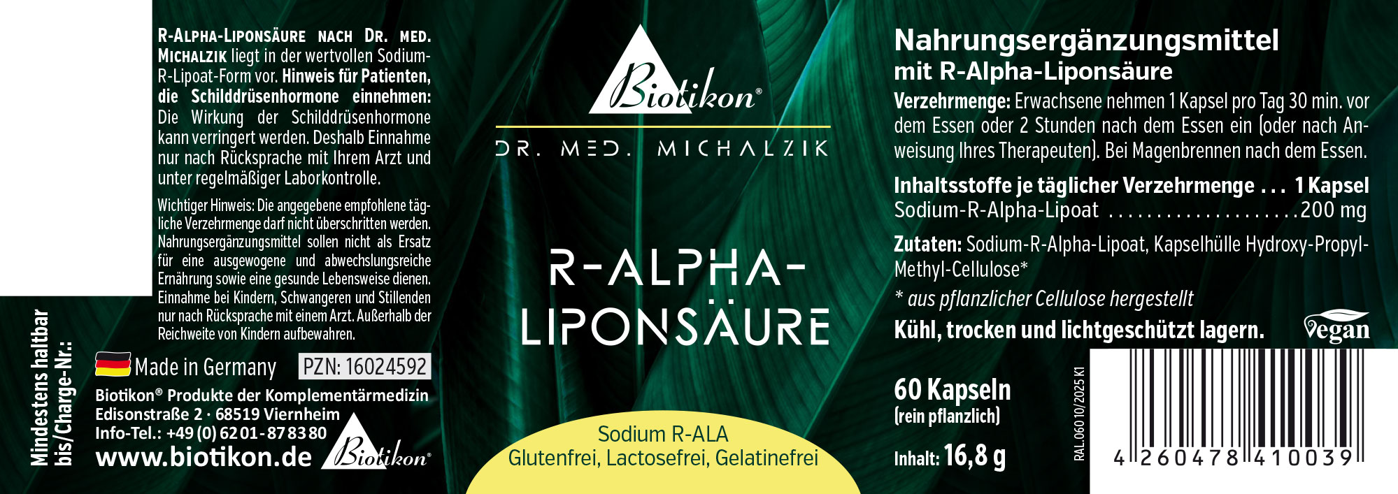 120 Kapseln R-Alpha-Liponsäure, vegane Verpackung, grüne und goldene Schrift, seitliche Ansicht.