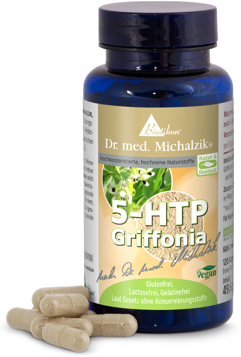 Braune Kapseln mit 5-HTP Griffonia in einer blauen Flasche, 120 Kapseln, vegan.