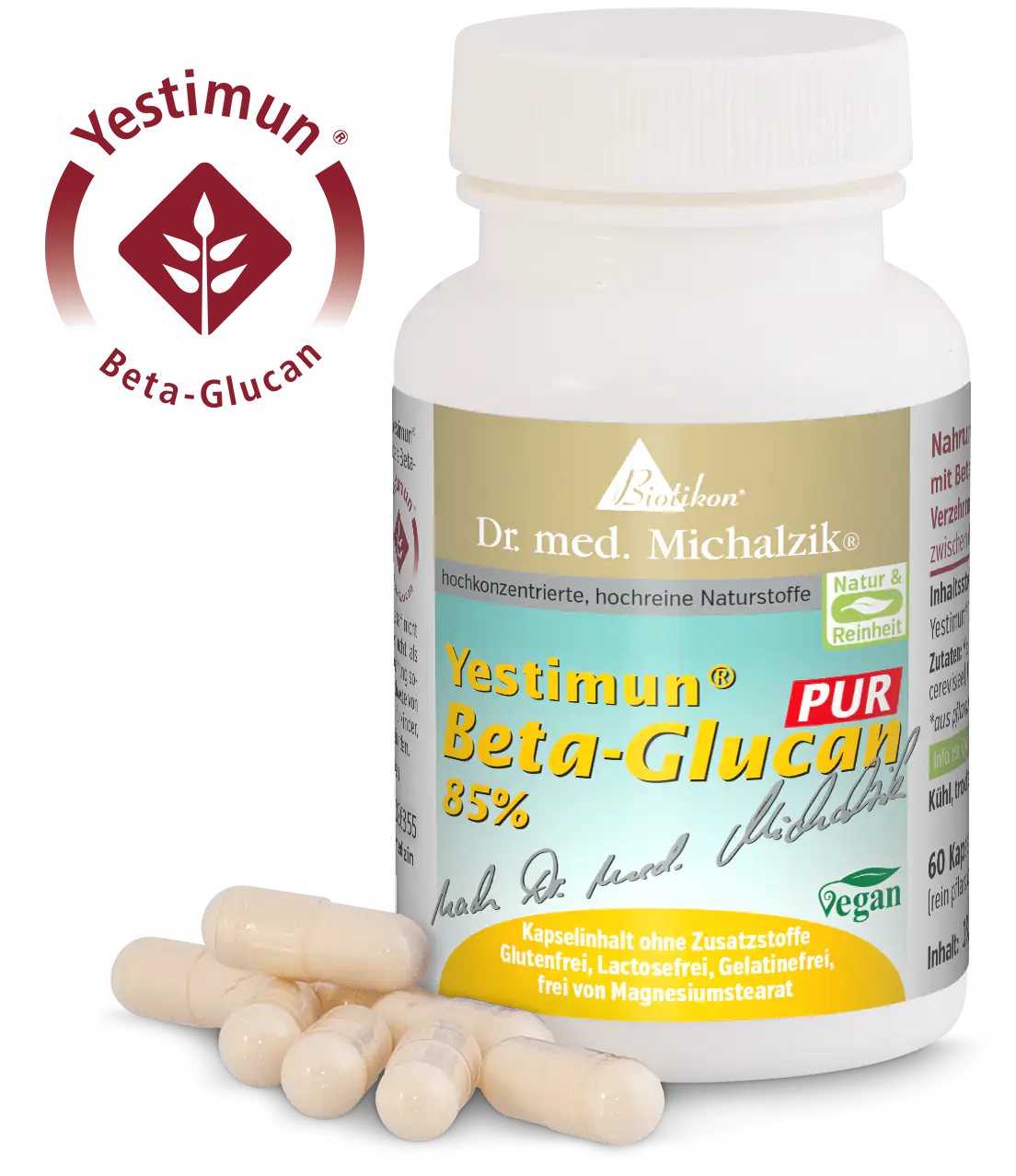 60 Kapseln Beta-Glucan in einer weißen Behälterdose, vegan, ohne Zusatzstoffe.