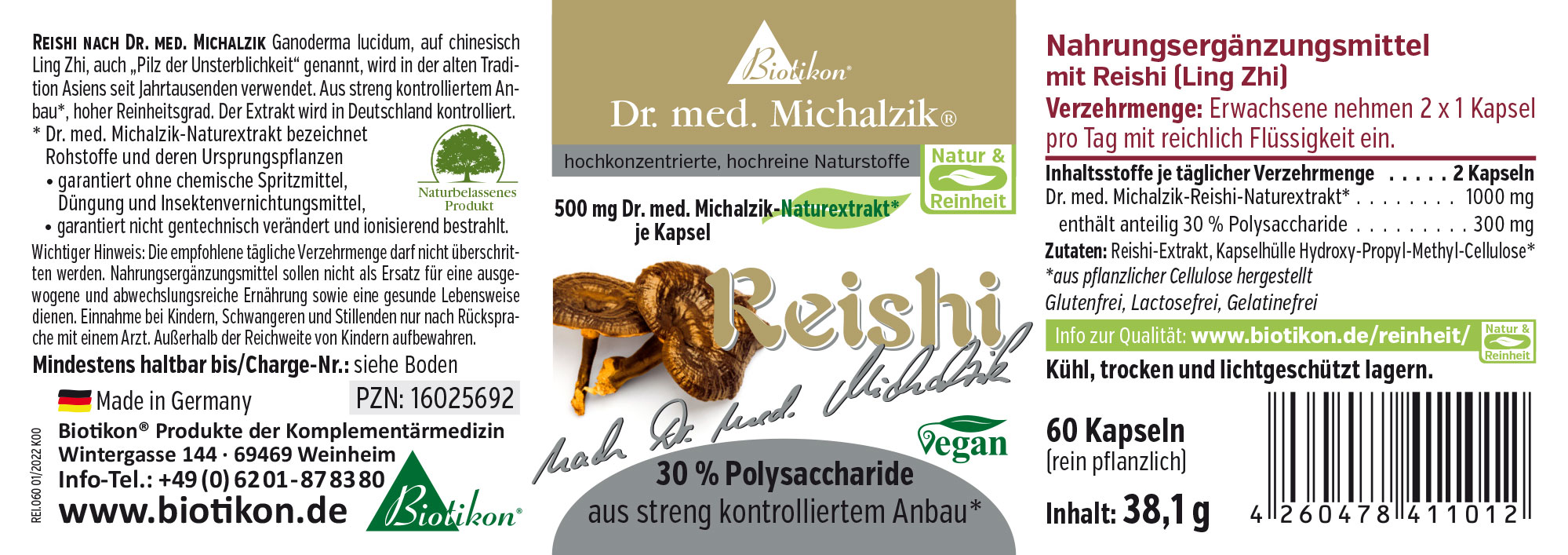 Reishi-Pilz Kapseln, 60 Stück, dunkelbraune Kapsel, von Biotikon, vegan, in einer Kunststoffverpackung.