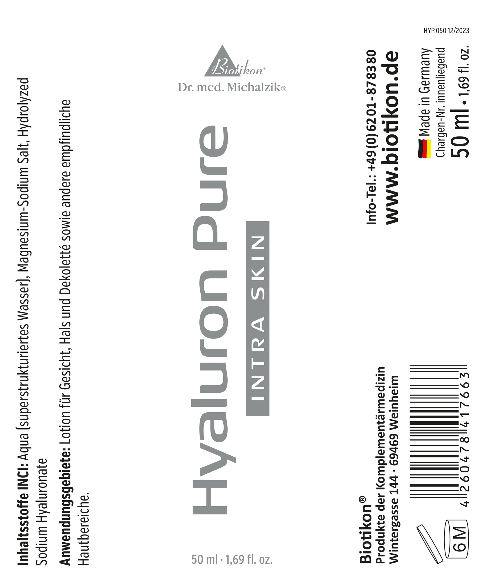 Hyaluron Pure Lotion in einer 50 ml Flasche, hellblau, zur Hautpflege.