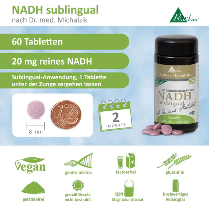 60 Tabletten NADH sublingual, pinke Tabletten, durchsichtiger Behälter, vegane Formel, 20 mg pro Tablette.