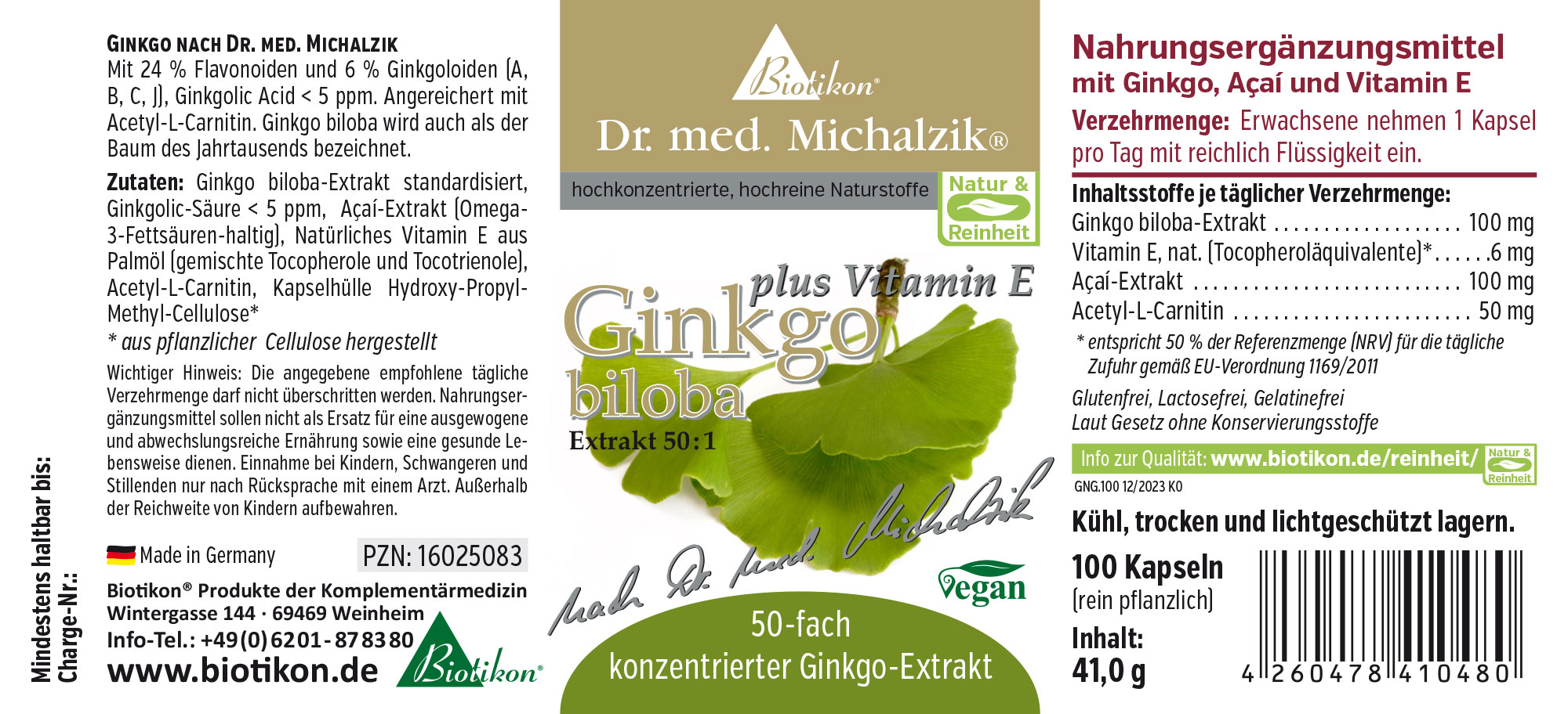Nahrungsergänzungsmittel Ginkgo biloba Extrakt 50:1, 100 Kapseln, grüne Verpackung, Perspektive leicht schräg.
