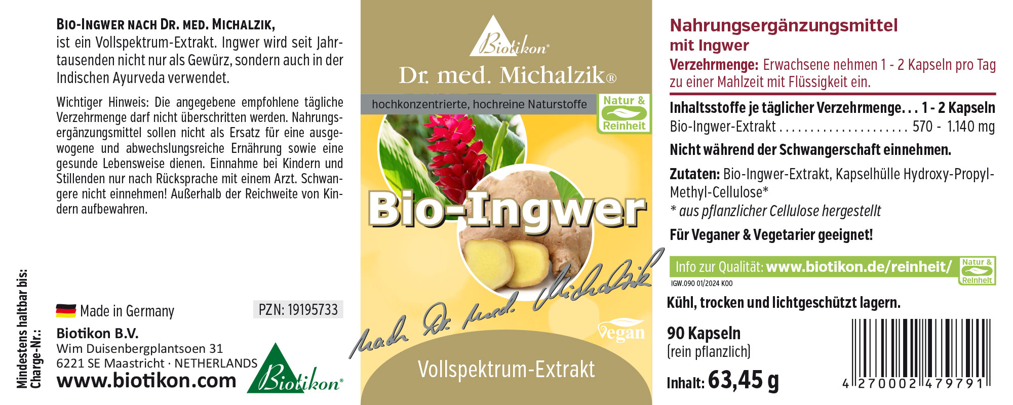 Bio-Ingwer Nahrungsergänzungsmittel in Kapseln, 90 Stück, gelbe Verpackung, Sicht auf Vorderseite.