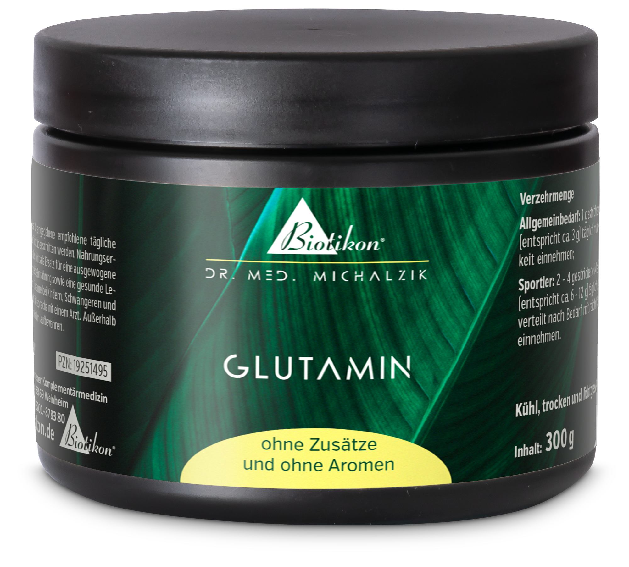 Glutamin Pulver in schwarzem Kunststoffbehälter, 300 g, ohne Zusätze und Aromen, grüne Verpackung