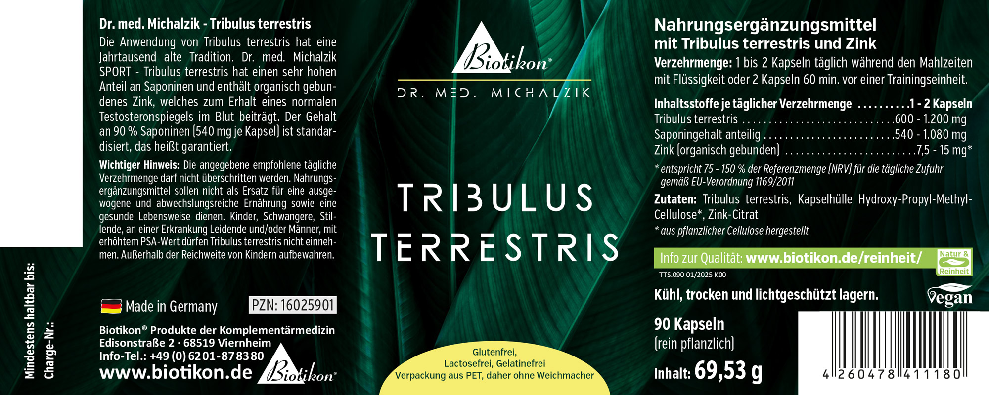 Nahrungsergänzungsmittel Tribulus terrestris in einer Verpackung mit 90 Kapseln, grün und gelb, Vorderansicht.
