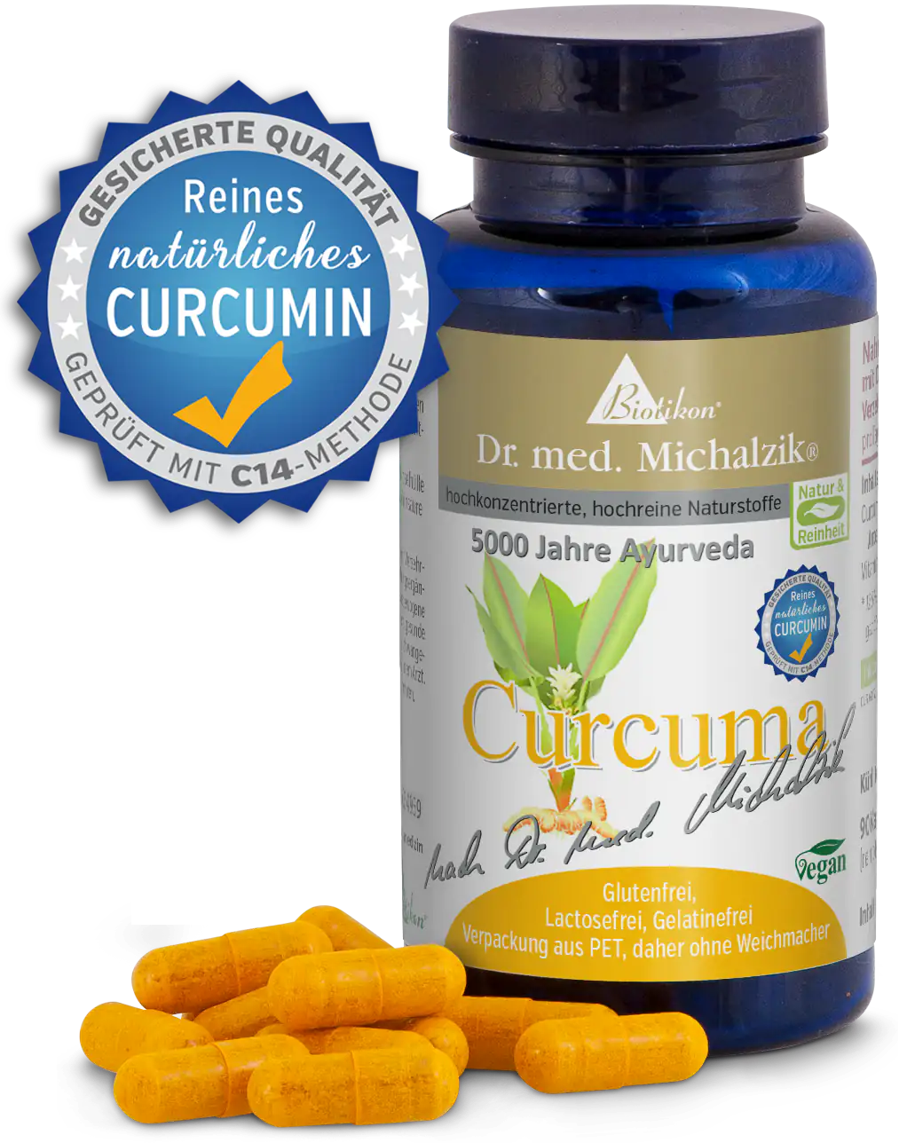 Gelbe Kapseln in PET-Verpackung, Curcuma 500 mg, vegan, glutenfrei, Detailansicht