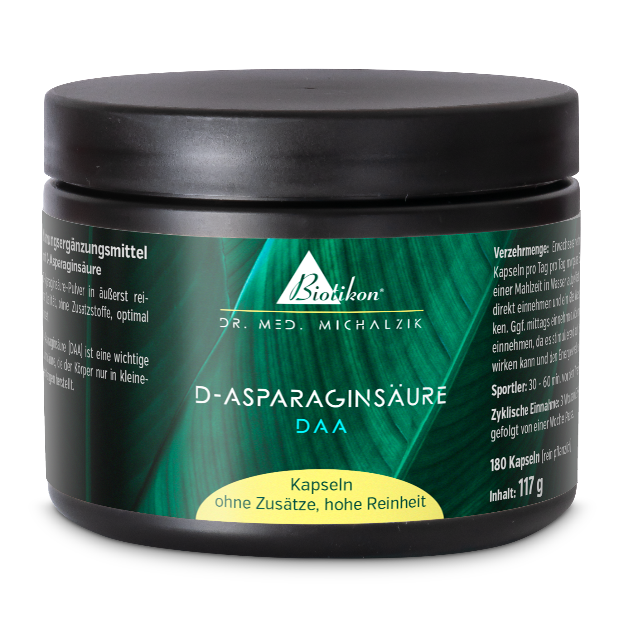 Dose mit D-Asparaginsäure, 180 Kapseln, schwarze Verpackung, grüne Akzente.