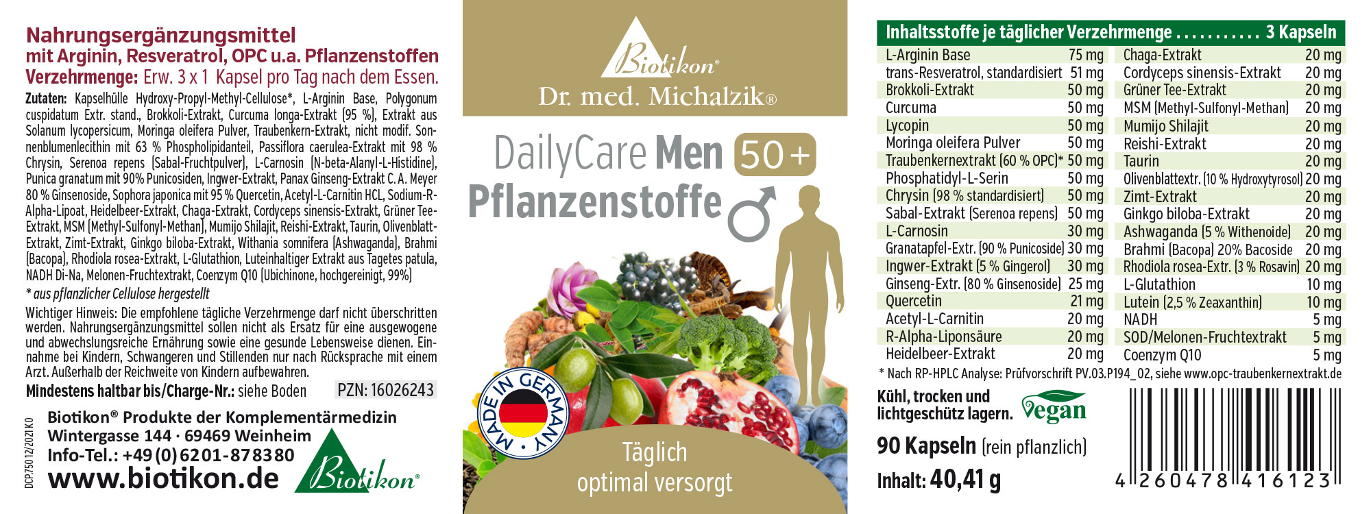 Nahrungsergänzungsmittel für Männer 50+, 90 Kapseln in einer weißen Verpackung, Ansicht auf Vorder- und Rückseite.