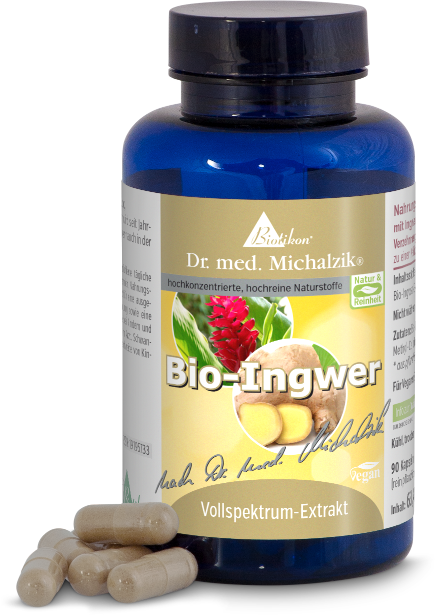 Blaue Flasche mit 90 veganen Kapseln, Bio-Ingwer Vollspektrum-Extrakt, sichtbare Kapseln im Vordergrund.