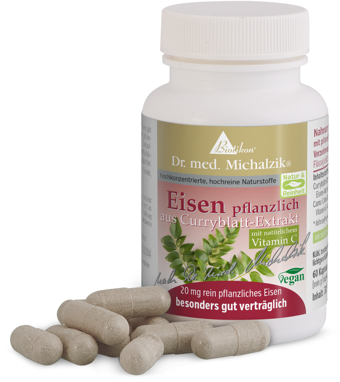 Dosen mit 60 Kapseln, pflanzliches Eisen aus Curryblatt-Extrakt, vegane Kapseln.