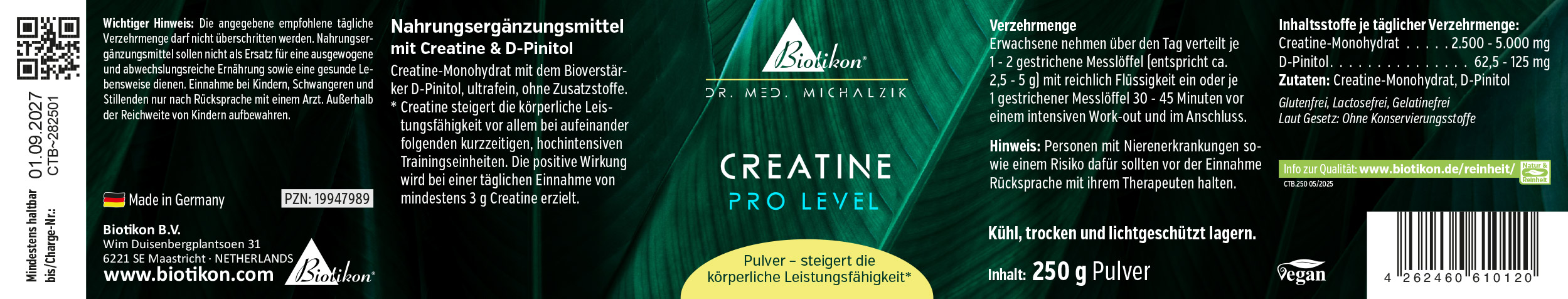 Nahrungsergänzungsmittel mit Kreatin und D-Pinitol, 250 g Pulver, grüne Verpackung