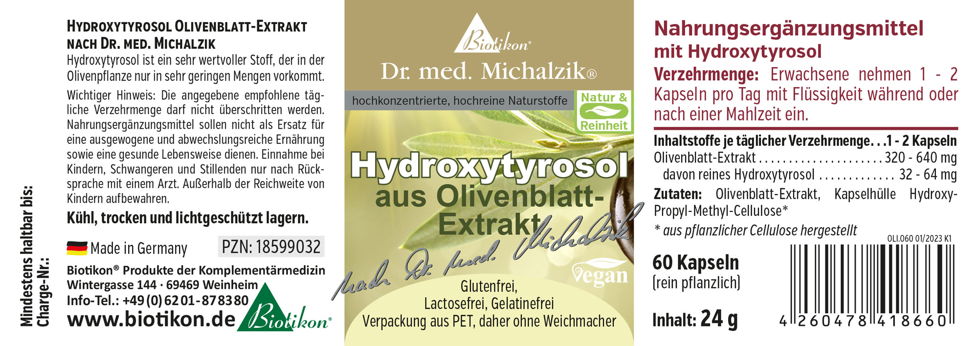 Nahrungsergänzungsmittel Hydroxytyrosol aus Olivenblatt-Extrakt, 60 Kapseln in PET-Verpackung, grünlich-braun