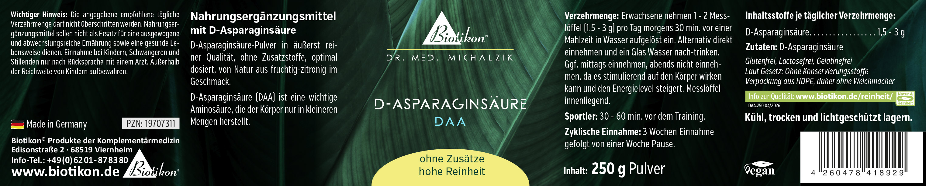 D-Aspartaminsäure 250 g – Pulver D-Aspartaminsäure Pulver in 250 g Packung, grünlich schwarz, Sicht auf die Schachtel mit Dosieranleitung.