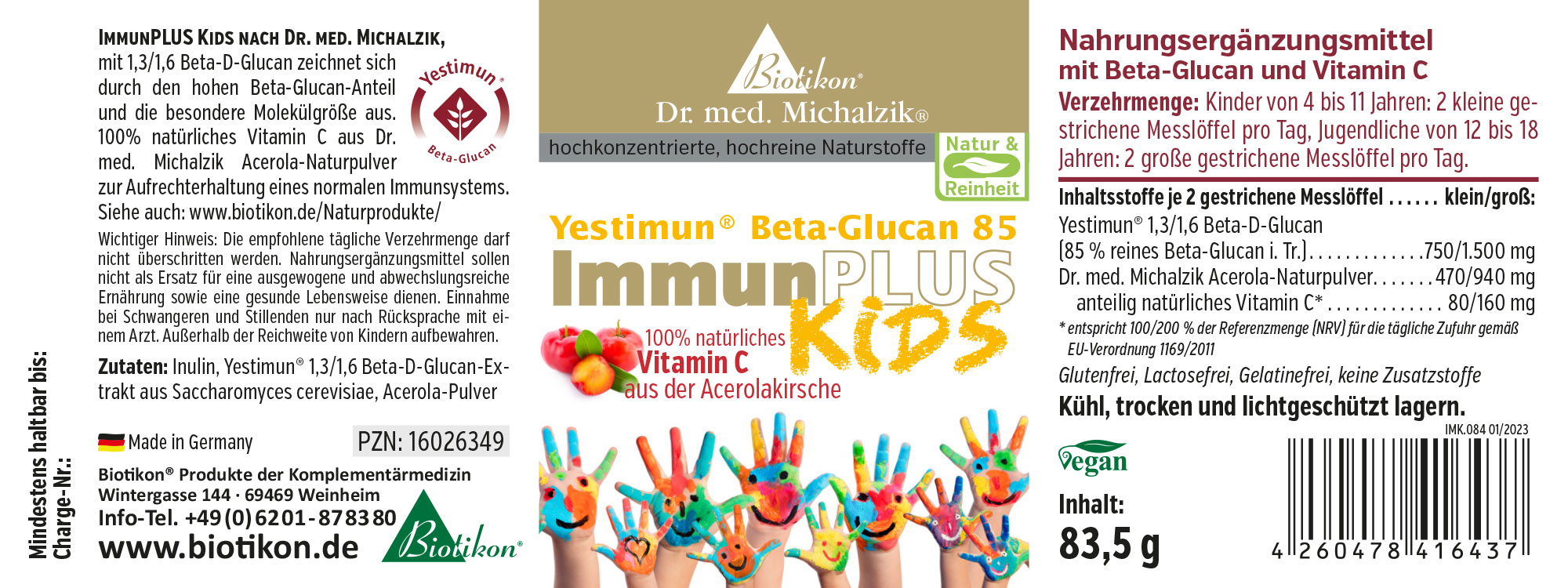 ImmunPLUS Kids Nahrungsergänzungsmittel, Beta-Glucan und Vitamin C, 83,5 g Verpackung mit bunten Händen.