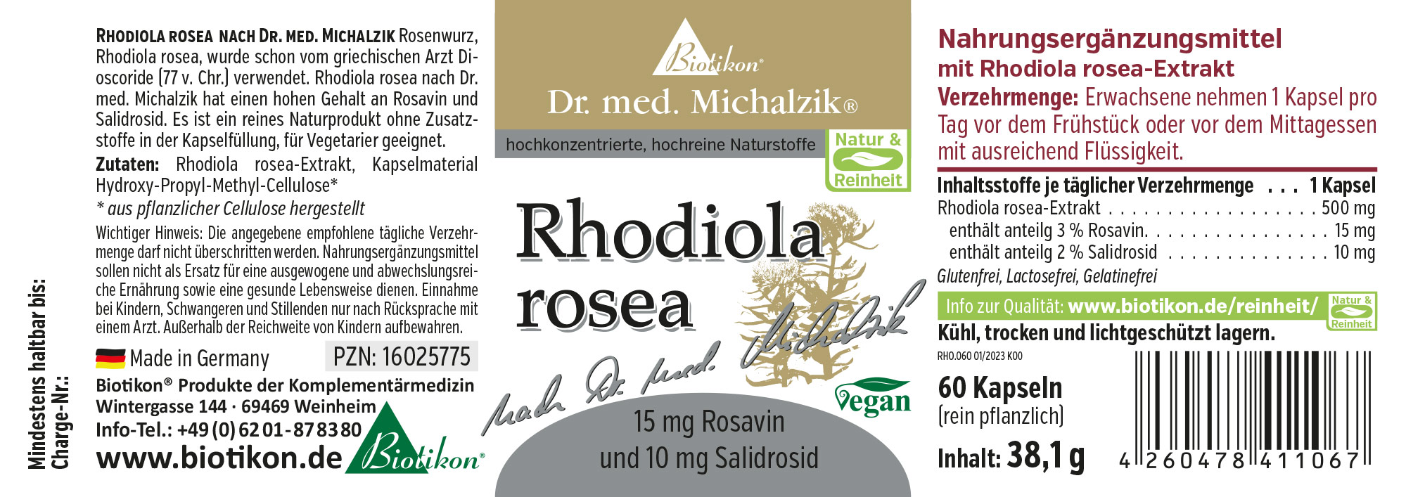 60 Kapseln mit Rhodiola rosea-Extrakt, vegan, in einer packungsfreundlichen Verpackung, rot und grün.