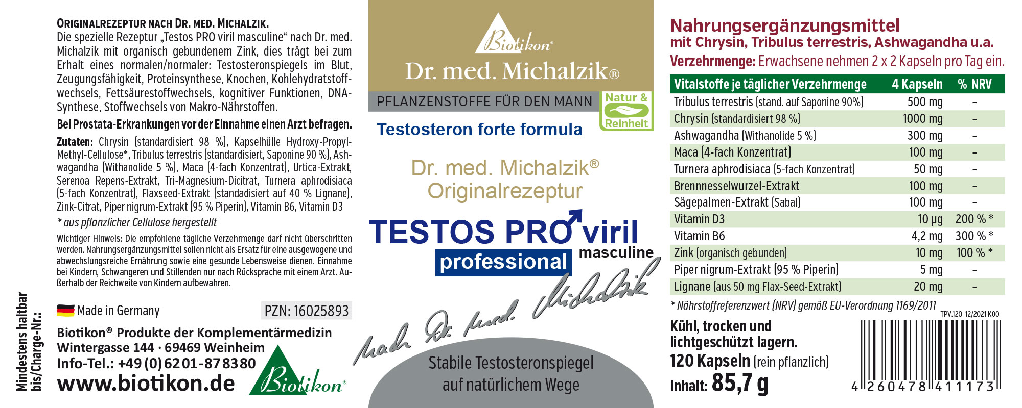 Nahrungsergänzungsmittel in blauer Verpackung, 120 Kapseln, mit verschiedenen Pflanzenextrakten.