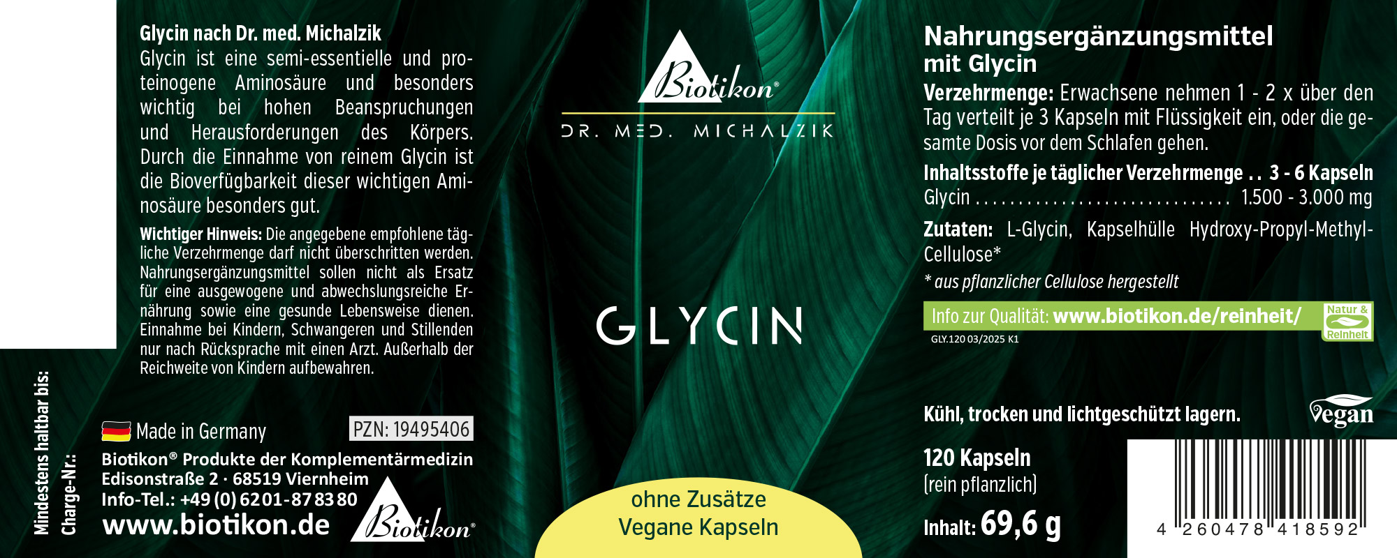 Vegane Kapseln mit Glycin, 120 Stück, grüne Verpackung, Vorderansicht.