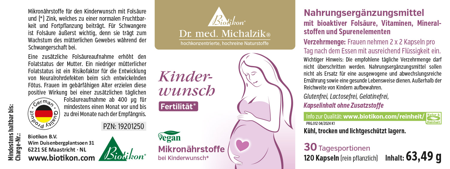 Nahrungsergänzungsmittel für Kinderwunsch, 120 Kapseln, vegan, in Kartonverpackung, Vorderansicht