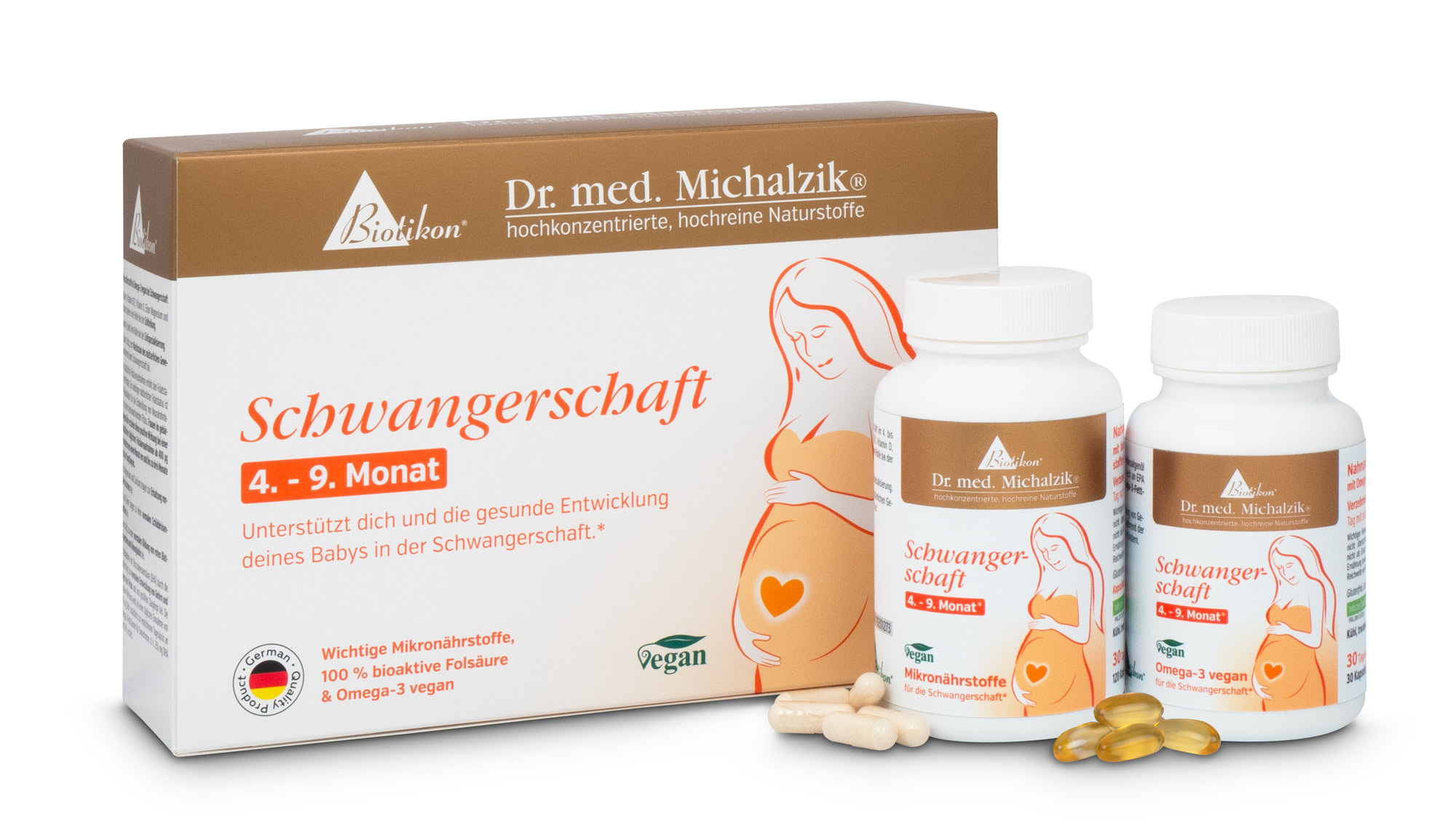 Packung mit Nahrungsergänzungsmitteln für Schwangere, 30 Kapseln, vegane Form, in hellen Farben.