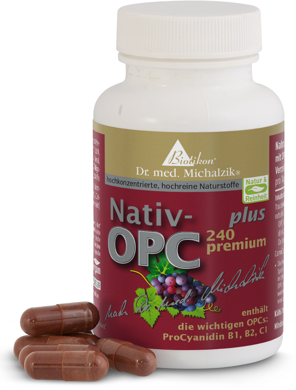 Braune Kapseln in einer weißen Flasche, 240 Stück, Produkt mit Traubenkern-Extrakt, Vorderansicht.