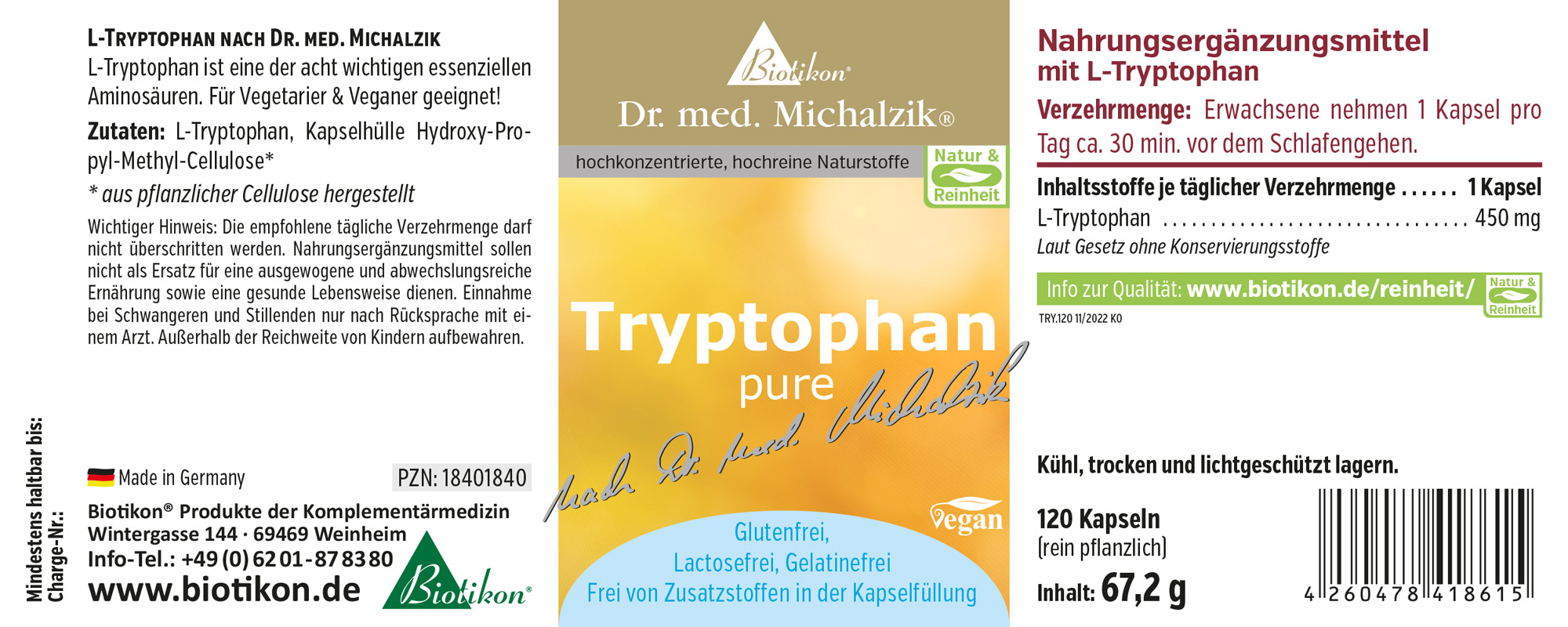Nahrungsergänzungsmittel L-Tryptophan in veganen Kapseln, 120 Kapseln, gelbe Verpackung.