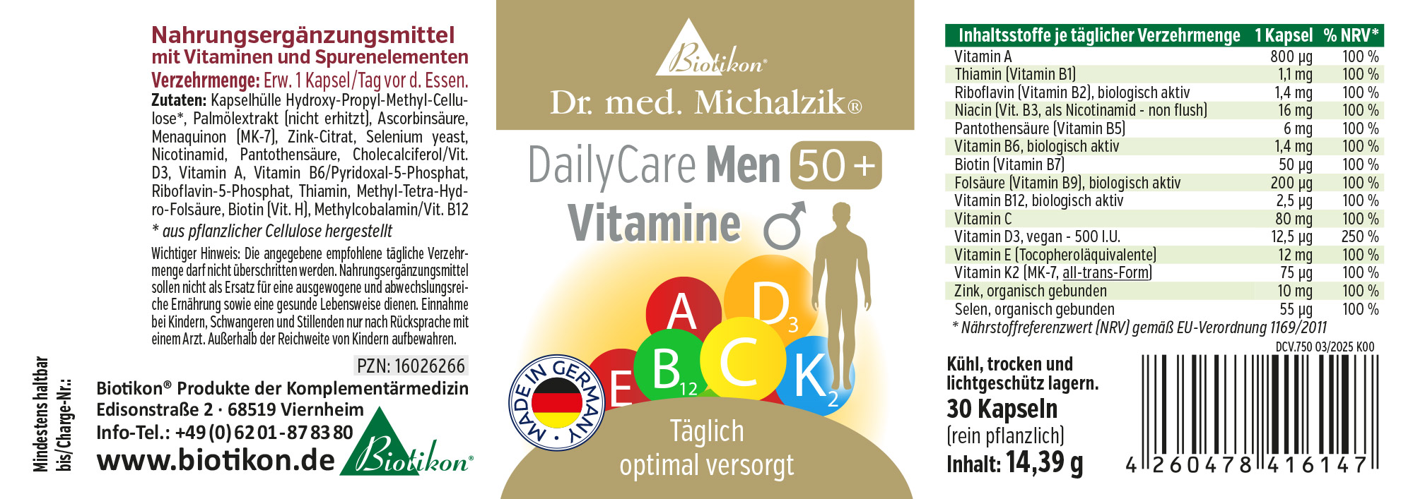 Nahrungsergänzungsmittel für Männer 50+, 30 Kapseln in Verpackung, mehrfarbig, Vorderansicht.