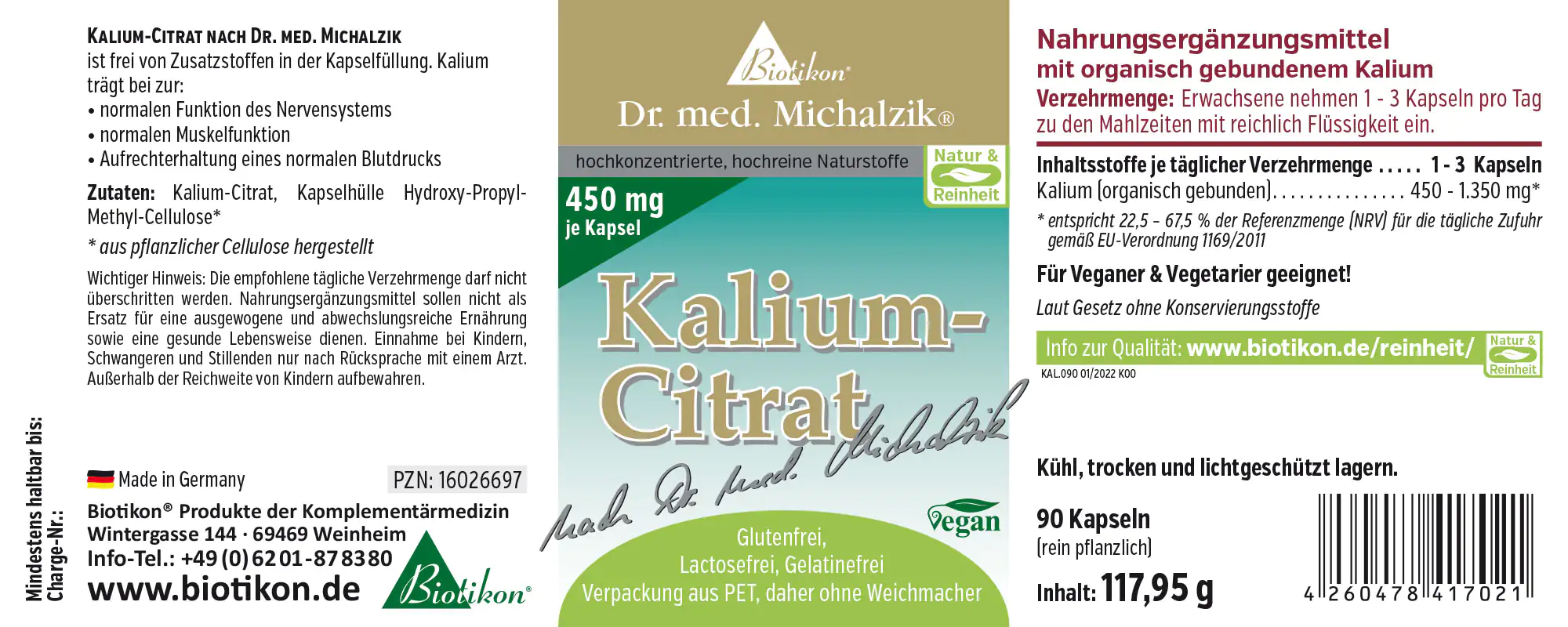 Nahrungsergänzungsmittel, 90 Kapseln, helle Verpackung, seitliche Sicht, vegan.