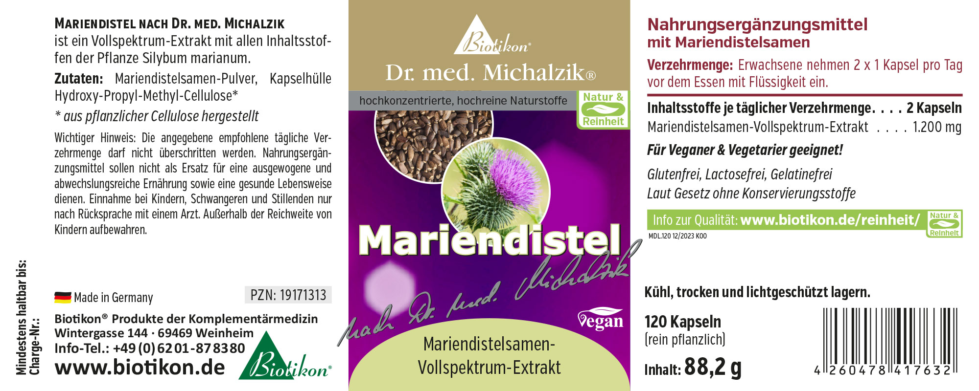 Mariendistel-Nahrungsergänzungsmittel, 120 Kapseln, vegan, in Verpackung, Vorderansicht
