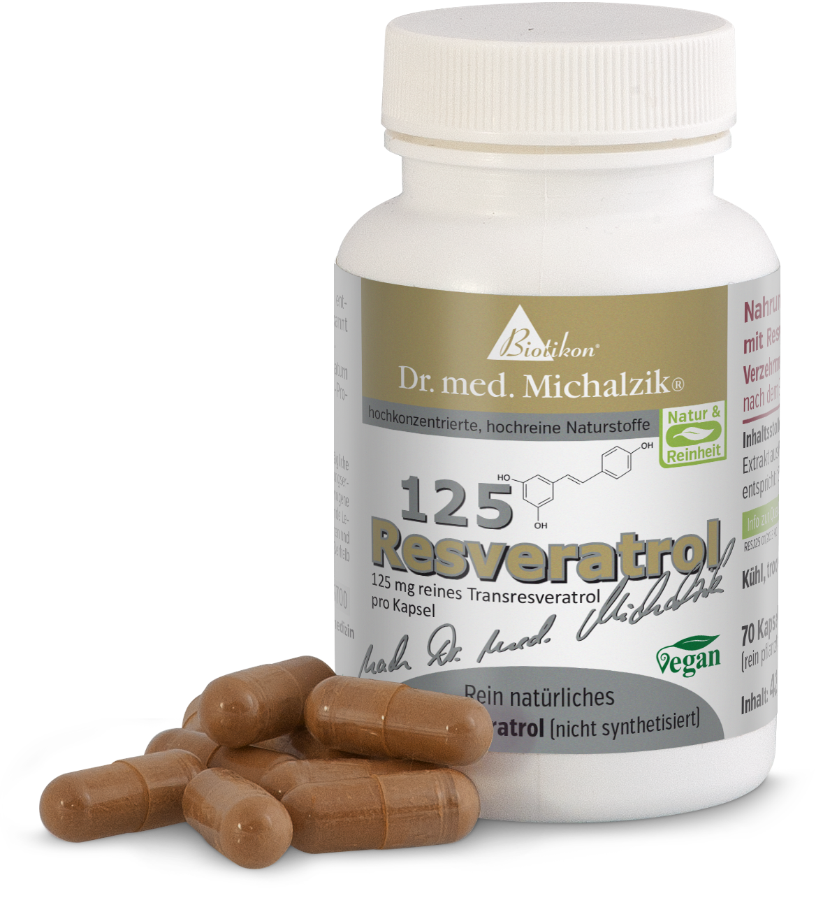 Resveratrol 125 mg – Kapseln Braune Kapseln, 125 mg Resveratrol, 70 Kapseln in transparenter Flasche, seitliche Sicht