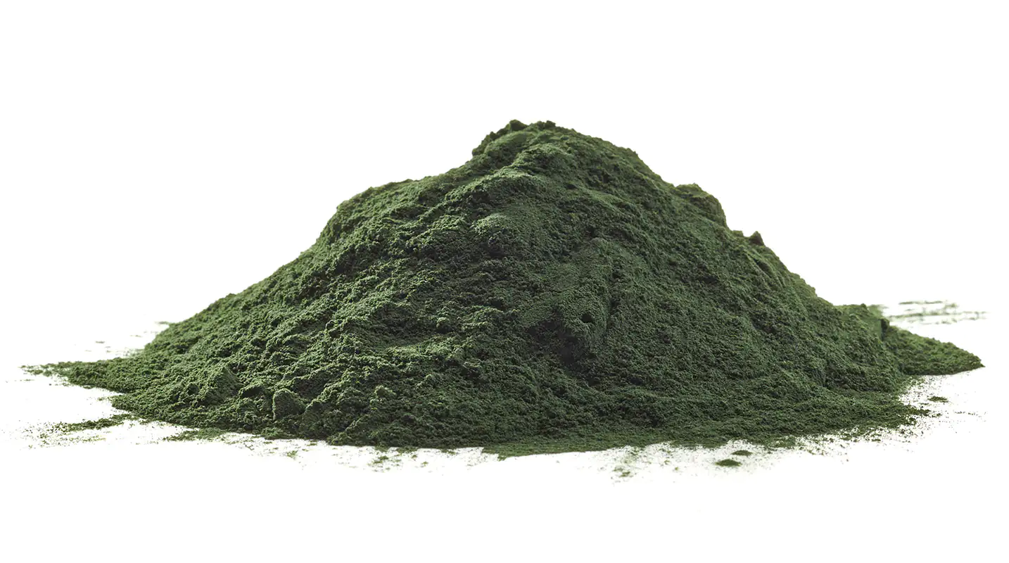 Grünes Spirulina Pulver in einem leichten Haufen, auf weißem Hintergrund, 500 g.
