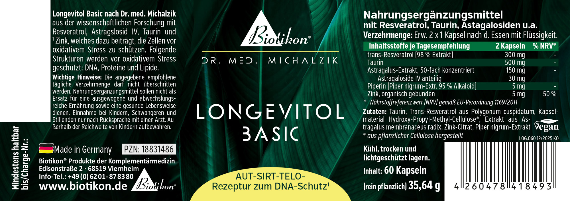 60 Kapseln von Longevitäts-Nahrungsergänzungsmitteln in einer stabilen Verpackung, vegan
