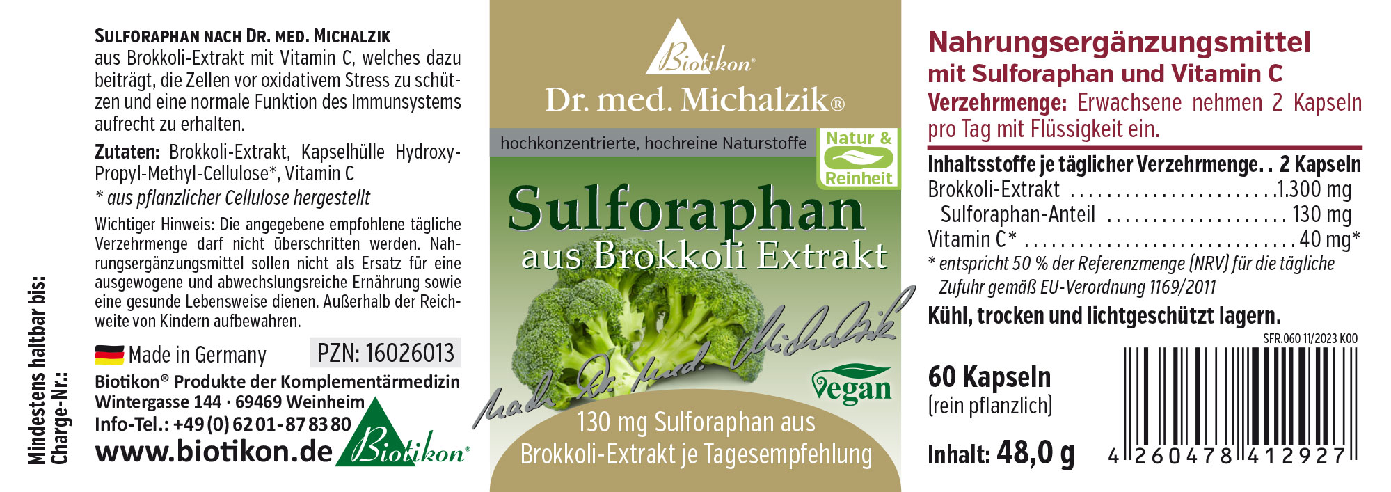 60 vegane Kapseln mit Brokkoli-Extrakt und Vitamin C, Verpackung in grün und beige.