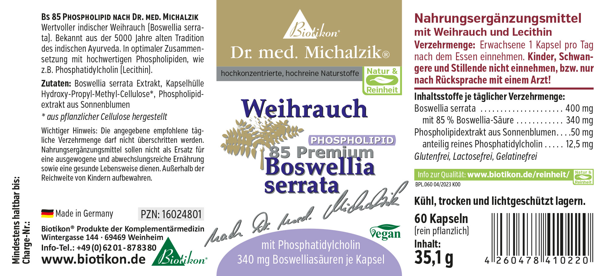 Nahrungsergänzungsmittel Weihrauch mit Phosphatidylcholin, 60 Kapseln, Verpackung in hellem Design, vegan.