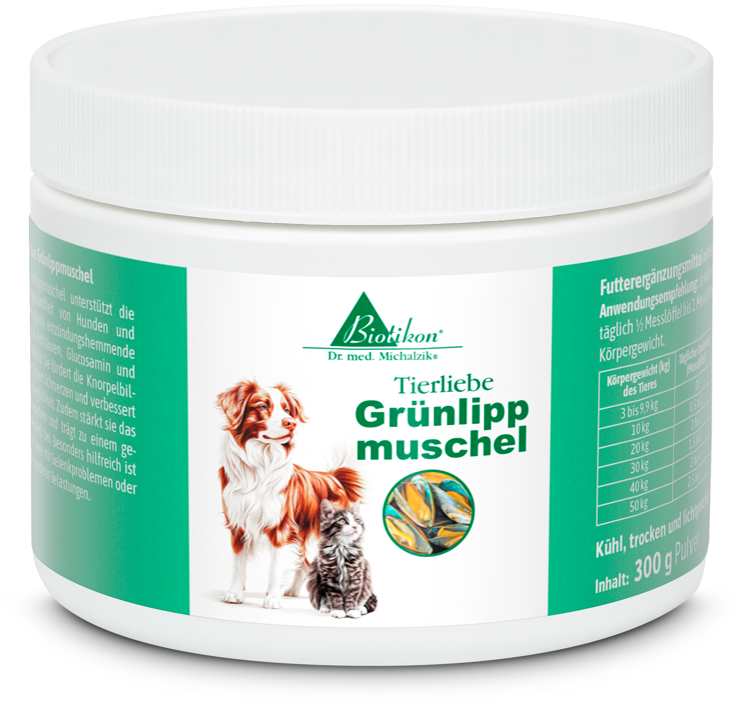 Dose mit Grünlippmuschel-Pulver für Hunde und Katzen, 300 g, farbige Abbildung von Hund und Katze.