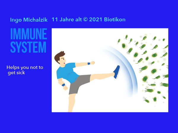 Grafik eines Jungen, der mit einem Fußkick Bakterien abwehrt, auf einem blauen Hintergrund.