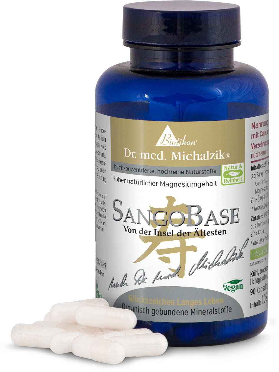 SangoBase 90 Kapseln – Organisch gebundene Mineralstoffe Blaues Glasgefäß mit 90 Kapseln, SangoBase, vegan, Perspektive auf Kapseln und Flasche.