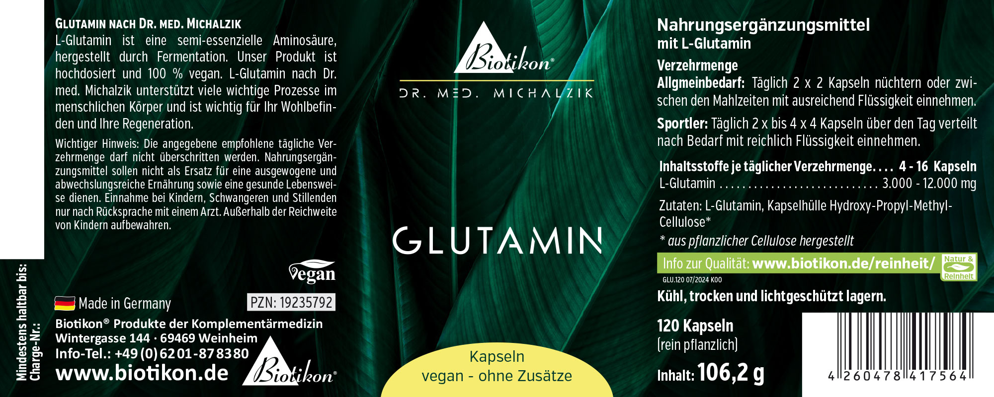 Glutamin Kapseln in einer Verpackung, 120 Kapseln, grüne Hintergrundfarbe, perspektivisch