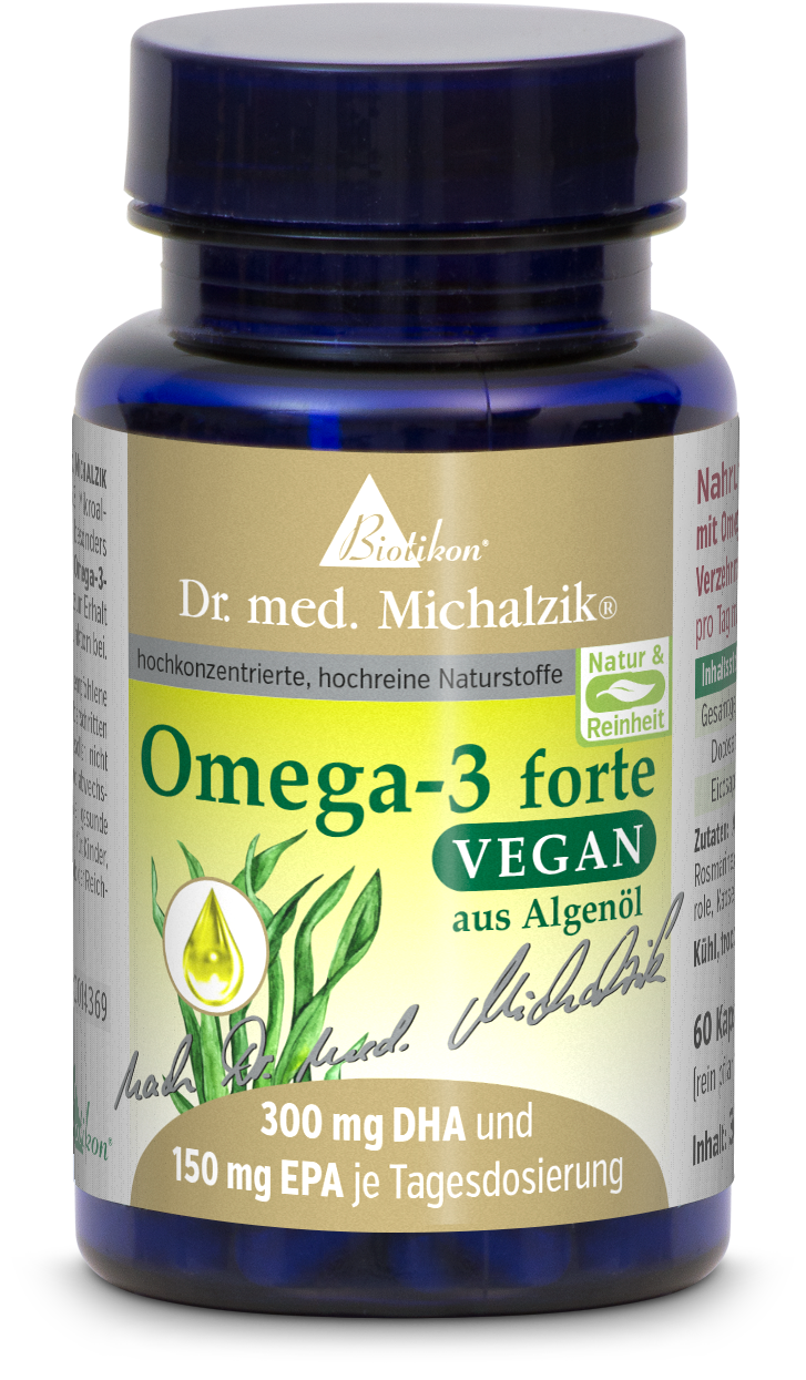Schwarze Kapsel-Flasche mit 60 veganen Omega-3 Kapseln aus Algenöl, farbig und hochwertig gestaltet.