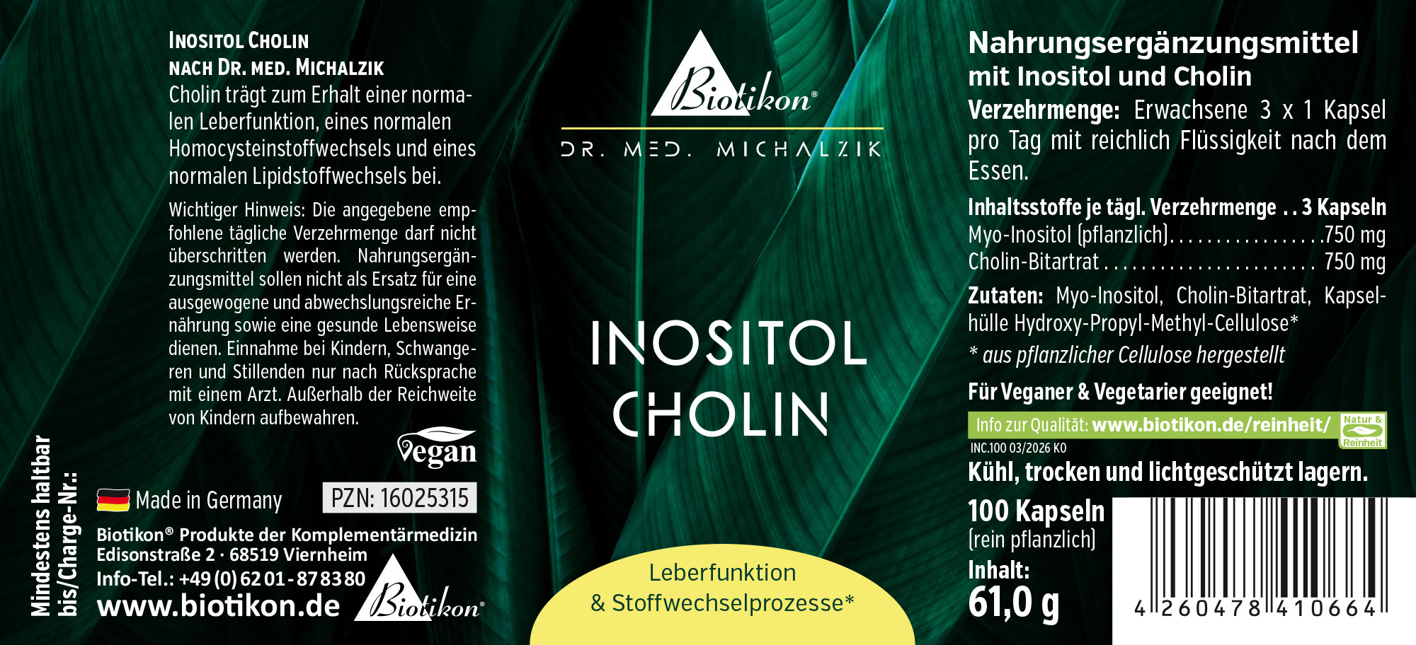 Inositol Cholin – 100 Kapseln Nahrungsergänzungsmittel Inositol und Cholin, 100 vegane Kapseln, grau-gelbe Verpackung, Vorderansicht.