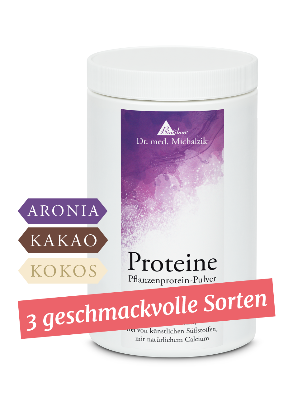 Pflanzenprotein-Pulver in einem weißen Behälter, 3 Geschmacksrichtungen: Aronia, Kakao, Kokos, lila und schwarze Etiketten.