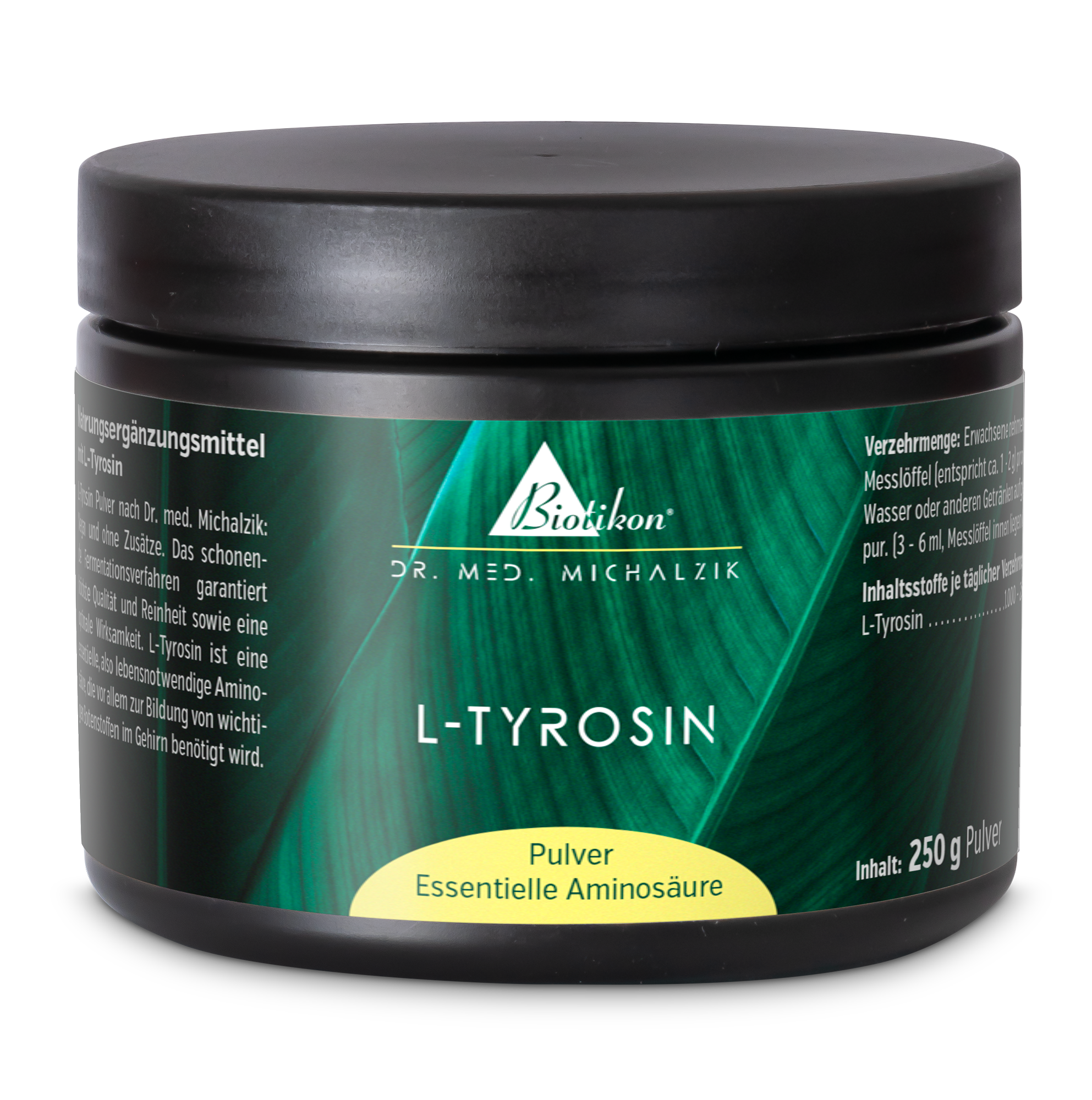 L-Tyrosin Pulver – 250 g L-Tyrosin Pulver in schwarzem Behälter, 250 g, von Biotikon, leicht schräg aufgenommen.