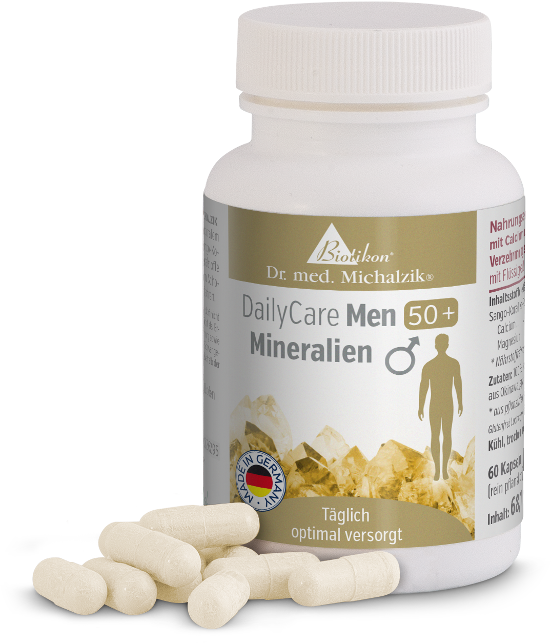 Mineralien Kapseln 60 Stück – DailyCare Men 50+ Mineralien Kapseln in einer weißen Flasche mit 60 Stück, leicht beige, auf schwarzem Untergrund.