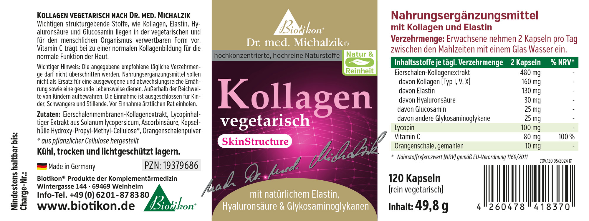 Vegetarisches Nahrungsergänzungsmittel, Kollagen und Elastin, 120 Kapseln, transparente Verpackung, Kapseln in Orangenschale.