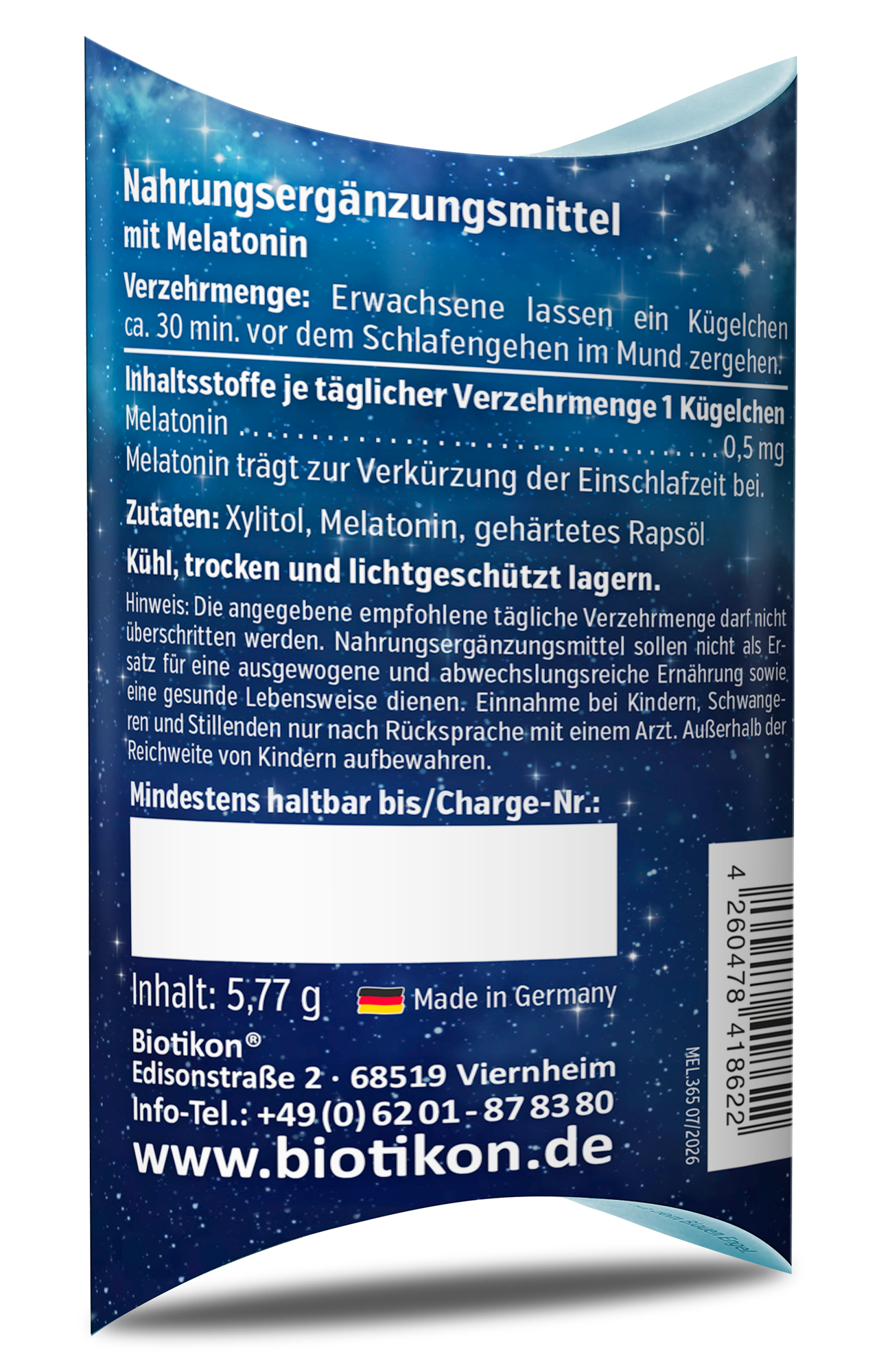 Nahrungsergänzungsmittel mit Melatonin, 5,77 g Packung, Blau mit Sternenhimmel-Motiv.