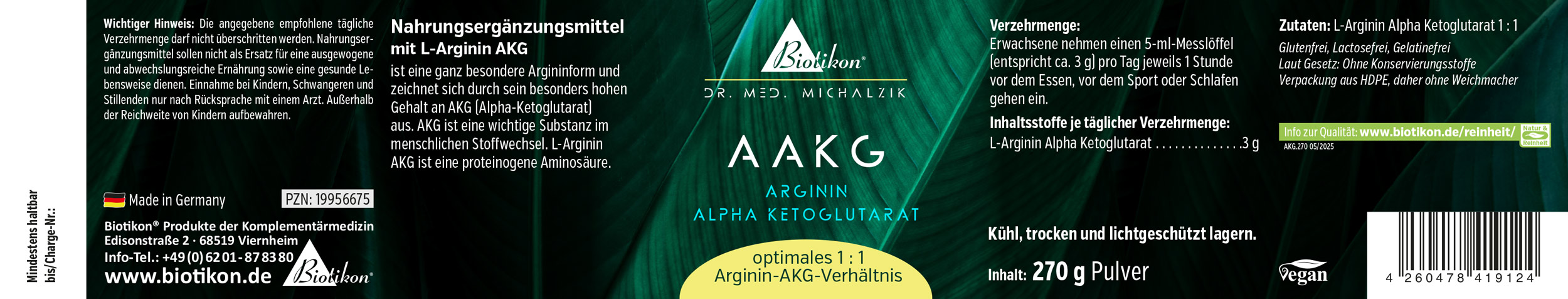 AAKG Pulver in 270 g Verpackung, schwarz-grünes Design, gut sichtbar, vegan und frei von Zusatzstoffen.