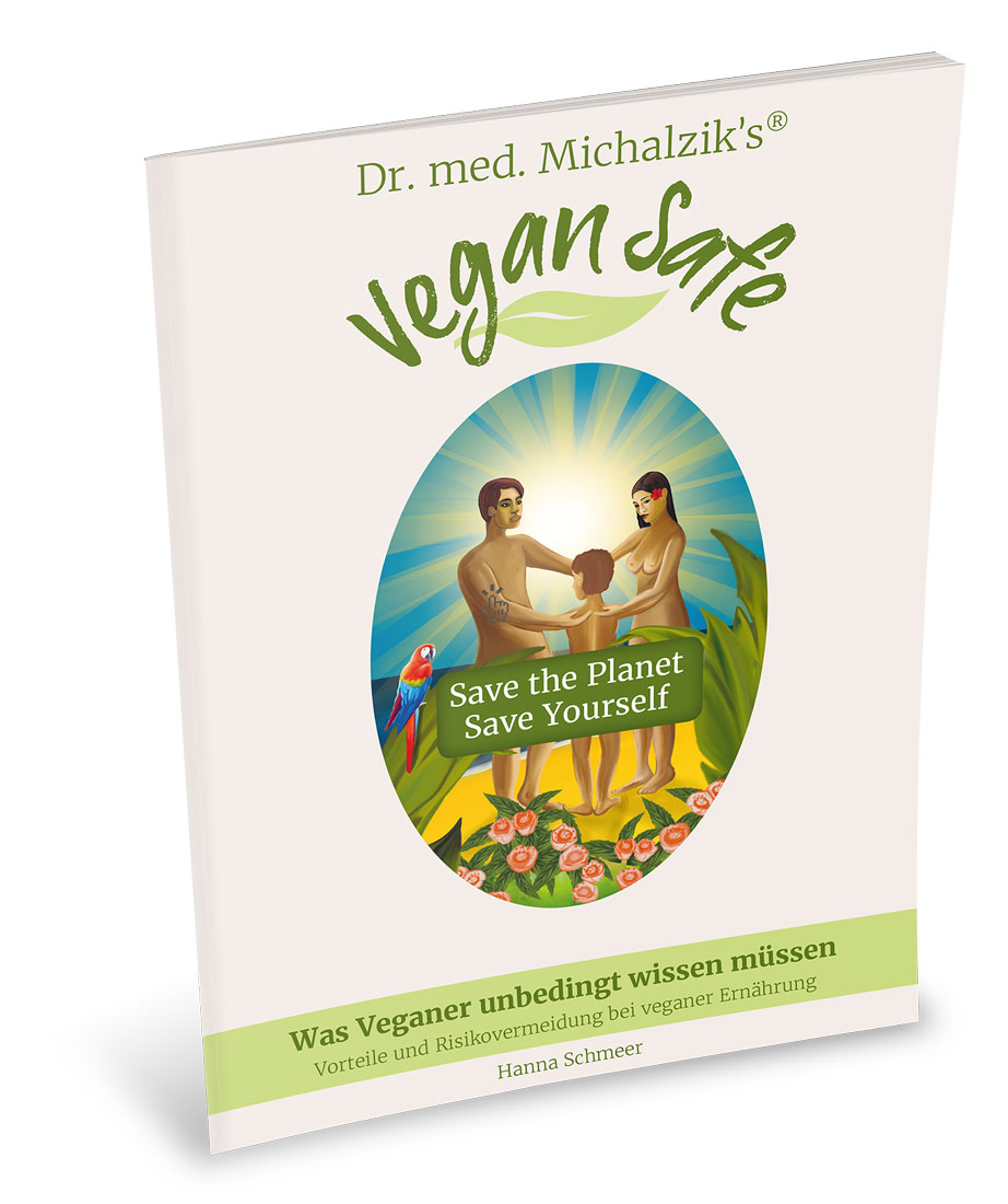 Buchcover mit Titel 'Vegan Safe', illustratives Design, zeigt zwei Menschen und das Motto 'Save the Planet Save Yourself'.