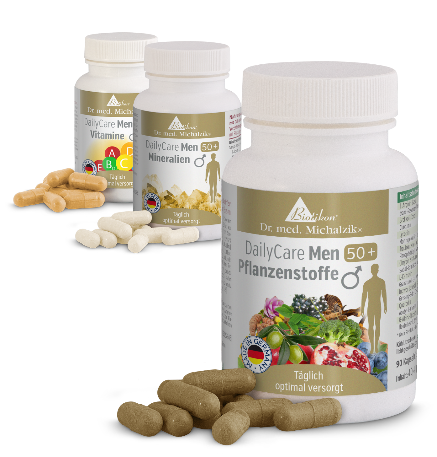 Drei Flaschen Nahrungsergänzungsmittel für Männer über 50, Kapseln in verschiedenen Farben, seitliche Ansicht.