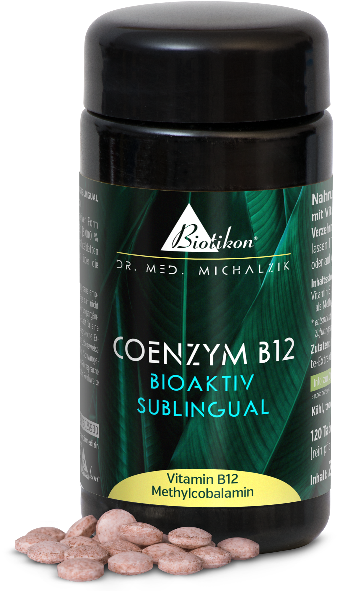 Coenzym B12 Nahrungsergänzungsmittel in schwarzer Flasche, 120 sublinguale Tabletten, pink-braune Farbe, halbseitige Perspektive.